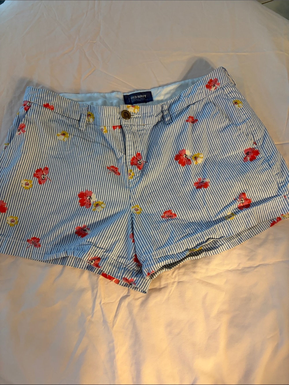 Old Navy Blue and White Striped Floral Jean Shorts